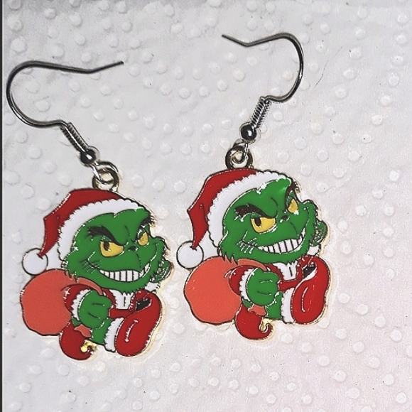 Grinch Dangle Earrings "Santa with Toy" Sack Grinch Style Jewelry NEW - Picture 6 of 7